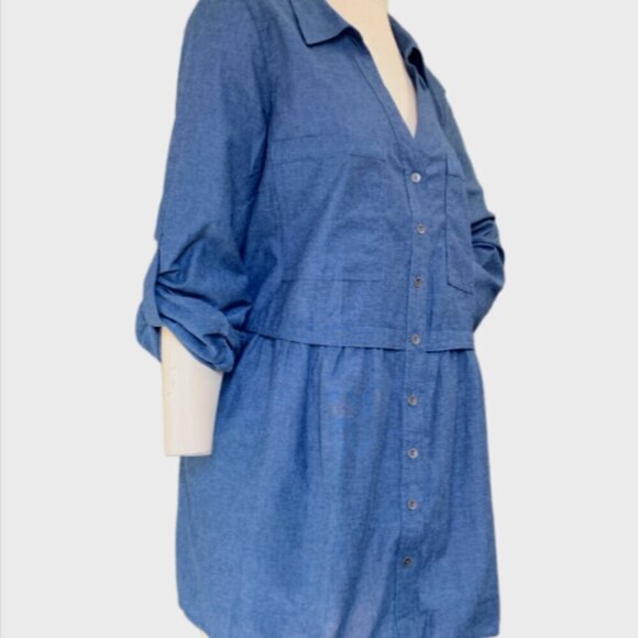 Roaman's Cotton Chambray Long Sleeve Button Front Tunic Top Plus Sz 16W Blue 88C - Picture 3 of 9
